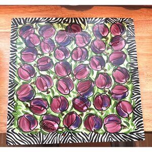 Hand Painted Ceramic Tile 10" x 10" With Purple Plums & Zebra Pattern Signed By